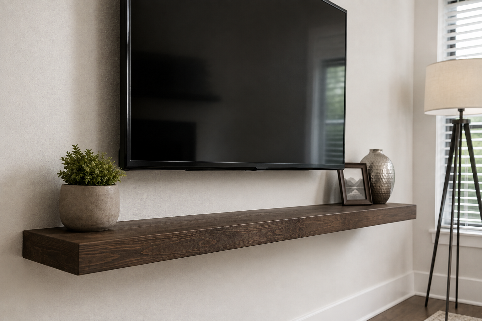 Wall-mounted TV above a dark floating shelf with a plant and decor in a bright living room