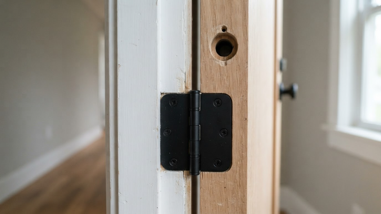 Close-up of a white door with a black hinge and wood latch plate, partially open in a hallway