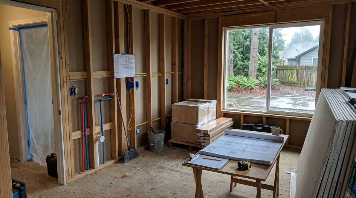 Partially finished room with exposed studs, tools, and a windowed wall during renovation