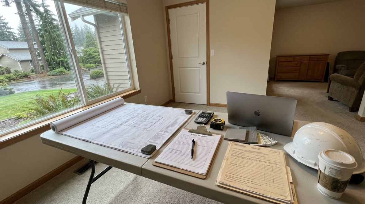 Work table by a window with papers, laptop, notebook, and hard hat in a small room