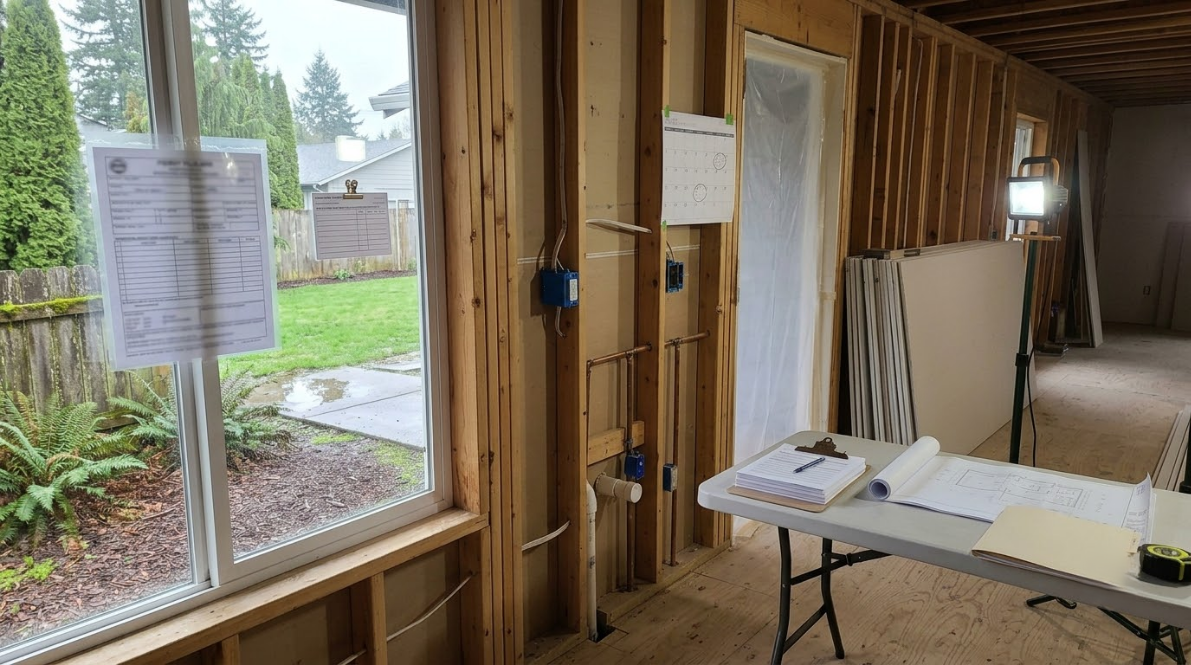Renovation workspace with plans on a table beside exposed wood walls and a window view of the yard