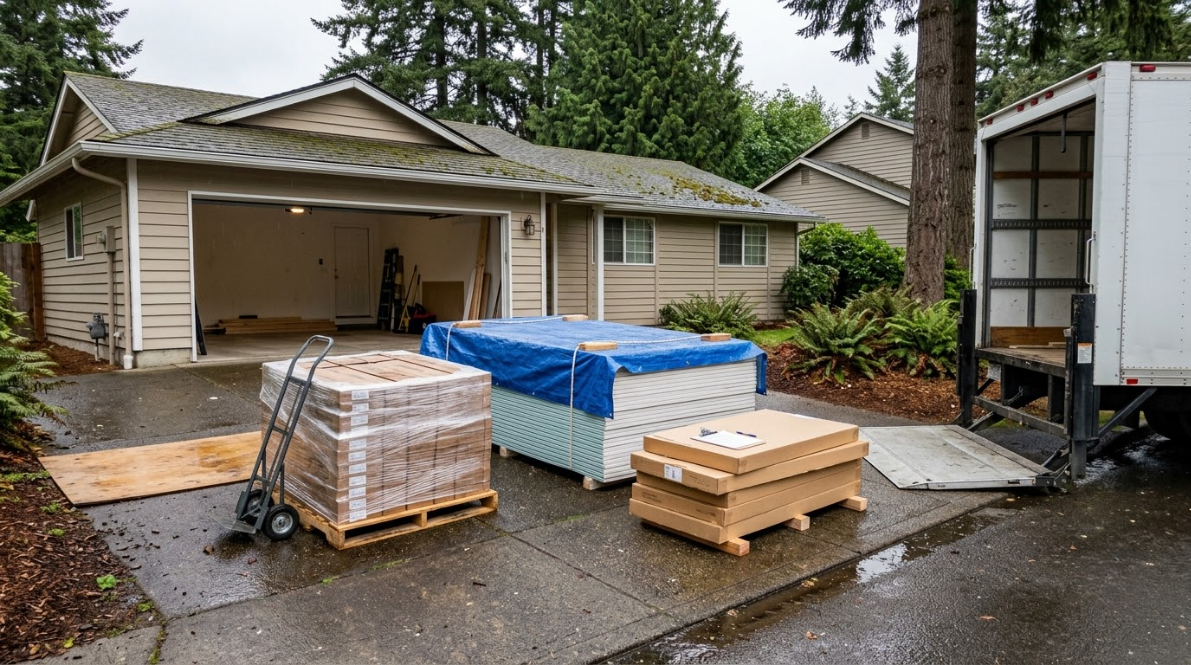 Construction materials on pallets outside a garage, with a truck and wet driveway in a suburban yard.