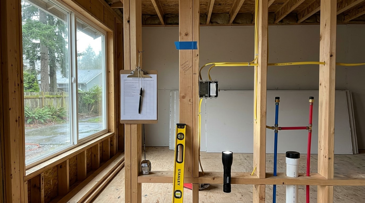 Interior of a house under construction with exposed framing, windows, tools, and a level leaning on a beam
