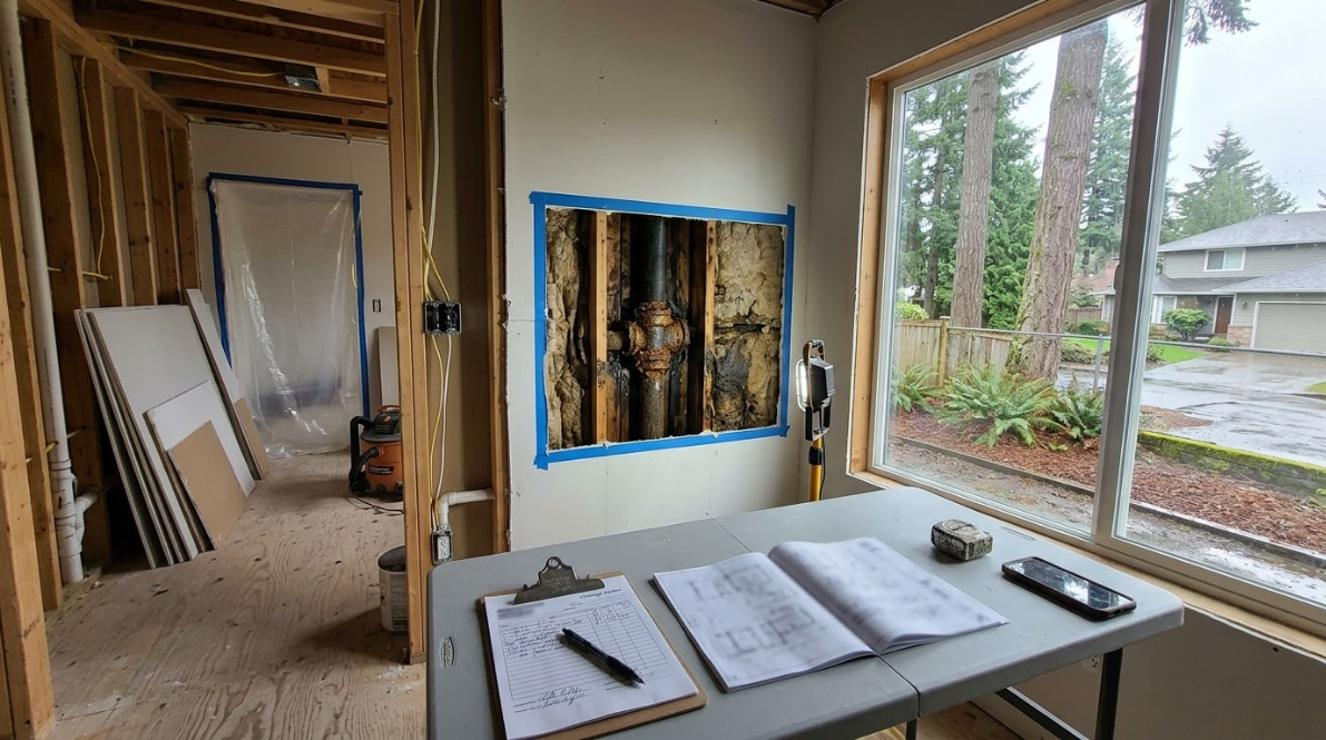 Interior of a house under construction, with framed window and plans on a worktable by large windows.