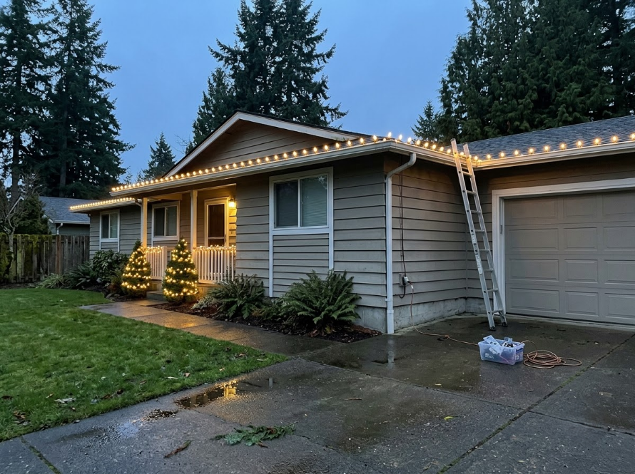 Single-story house at dusk with warm porch lights, a garage, and a ladder leaning against the roofline.