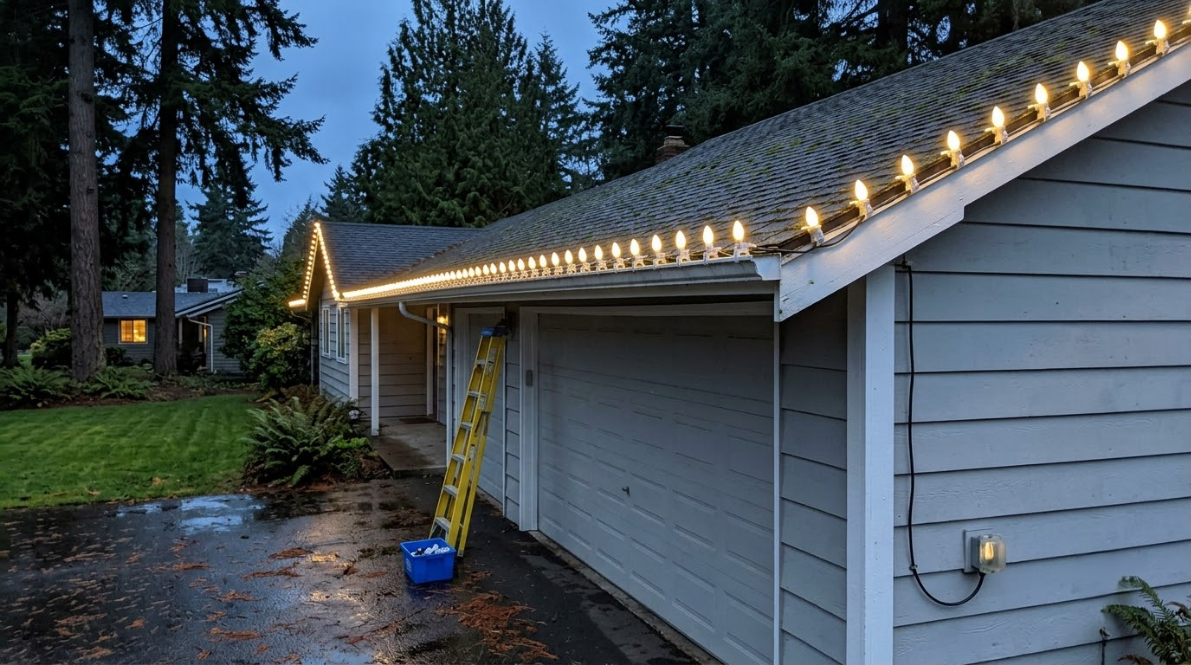 House exterior with lit roofline, blue ladder, and falling rain at dusk