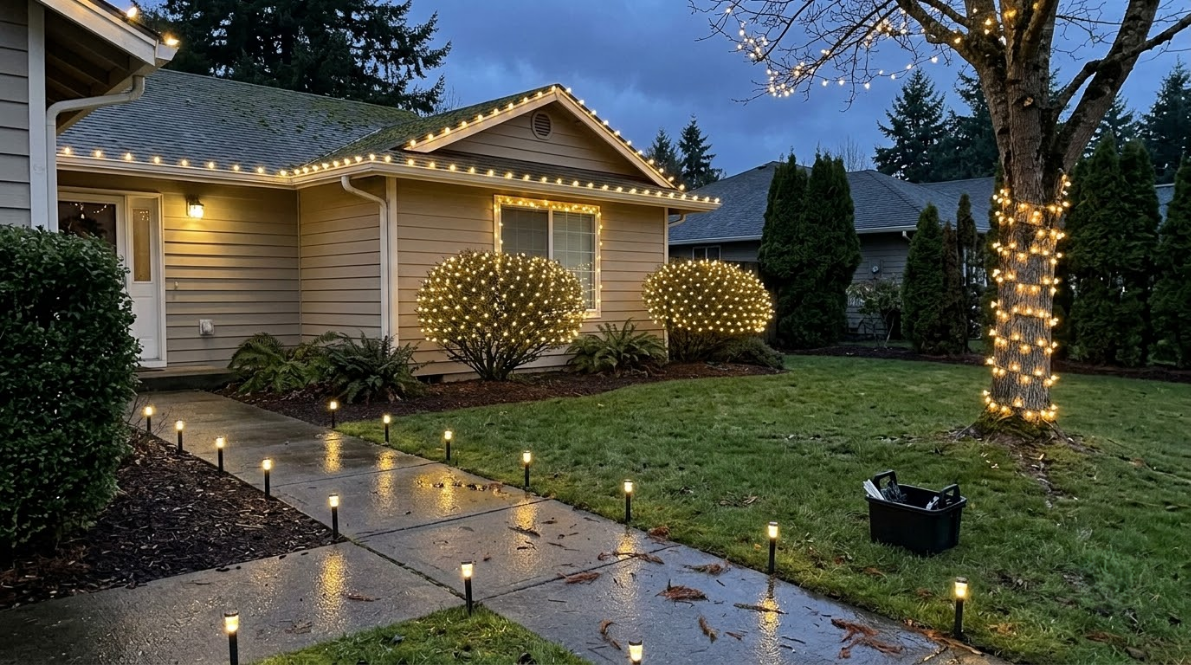 A lit house and front yard at dusk, with string lights on the roof and a wrapped tree along the walkway.
