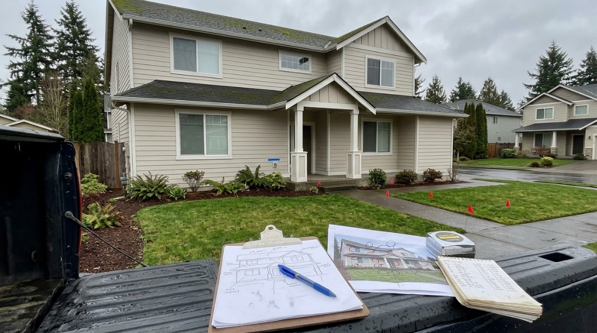 New house exterior with landscaping materials and blueprints on a deck in the foreground