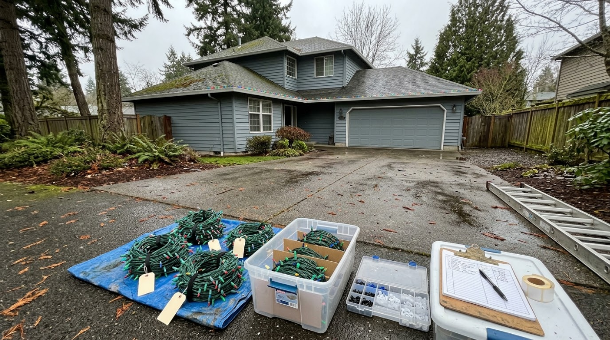 Plastic boxes of holiday lights and yard decor on a driveway in front of a gray house