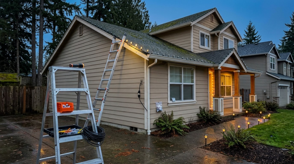 Ladder beside a beige house as workers apply string lights in rainy evening twilight.