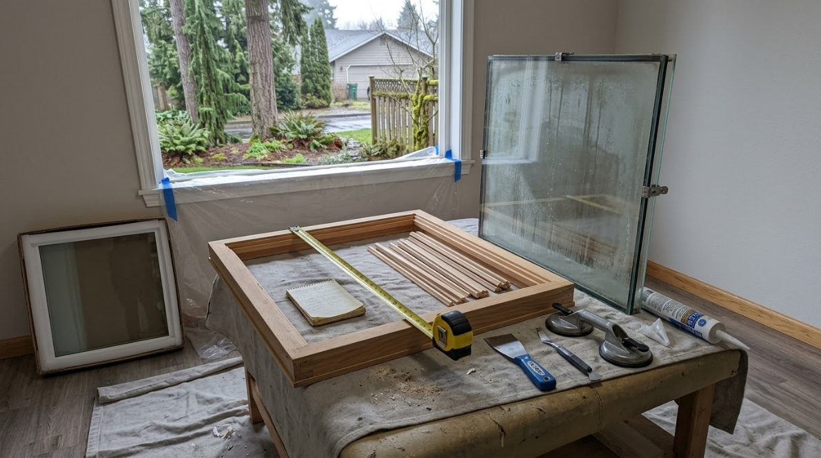 Workspace with art supplies on a table by a window, including a framed piece and a large glass pane