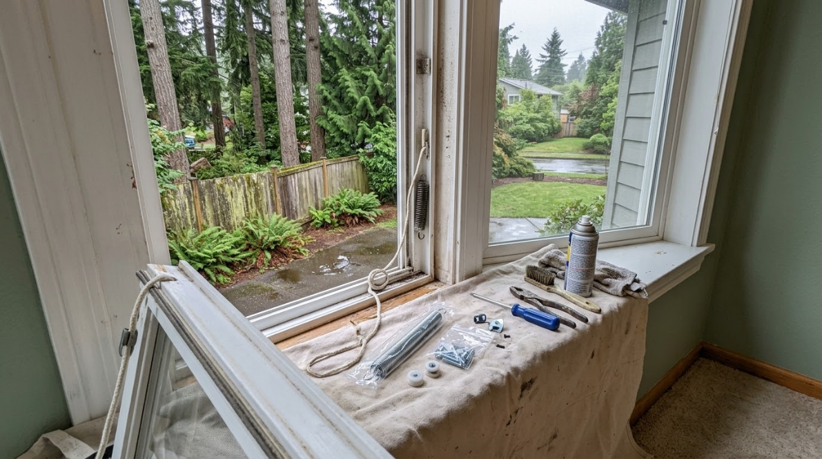 Open window with tools on a cloth-covered sill, overlooking a garden and pond outdoors.