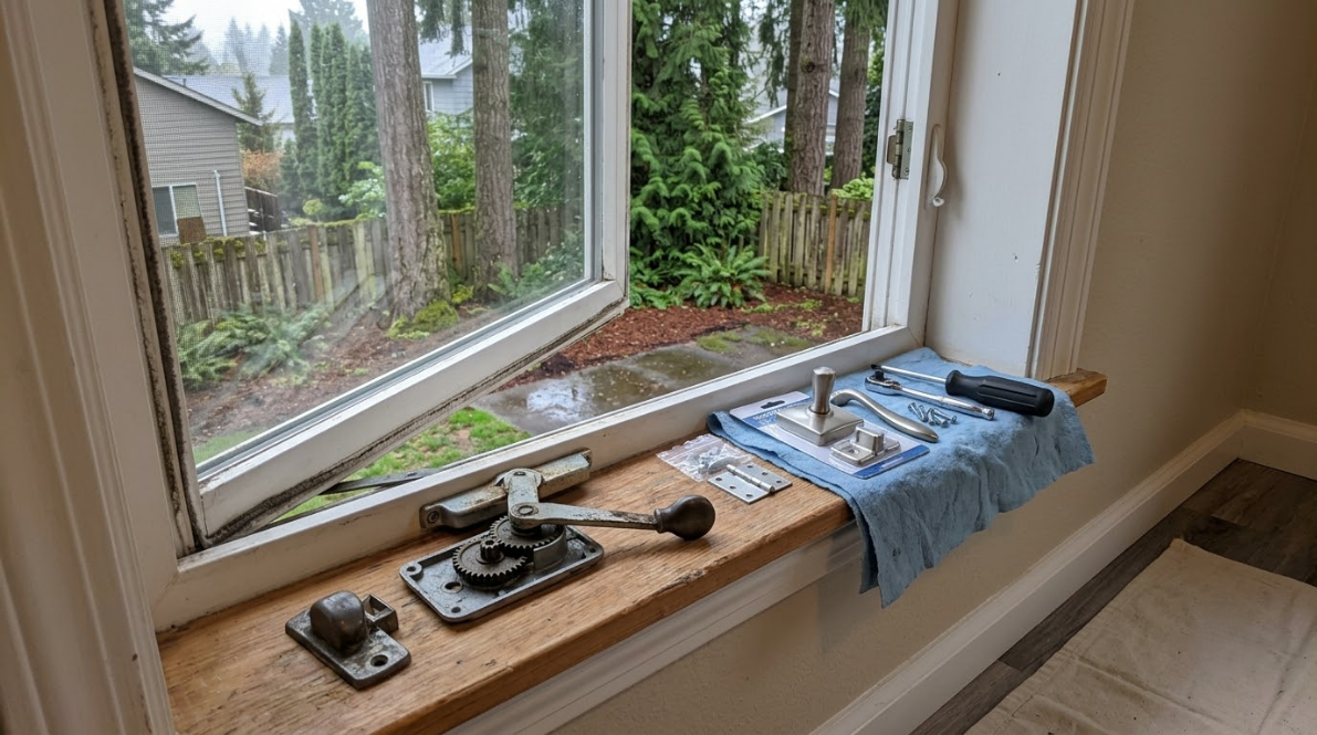 Tools laid out on a windowsill with a blue cloth draped over a radiator in a bright room