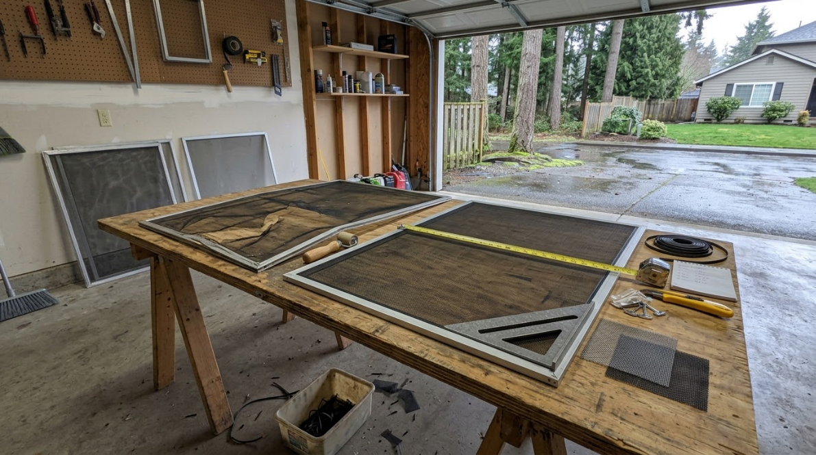 Wooden workbench with a large framed panel and tools in an open garage workshop