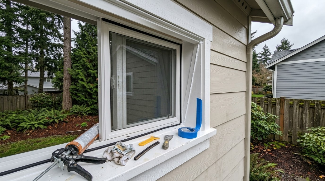 Tools on a white exterior window ledge beside a house, with a blue caulk gun and a hammer.