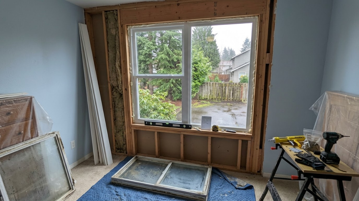 Partially renovated room with exposed framing around a window and construction tools inside