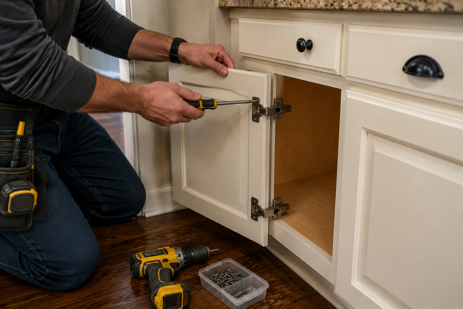 Person installing a cabinet hinge with a drill in a kitchen, cabinet door open and tools on the floor.