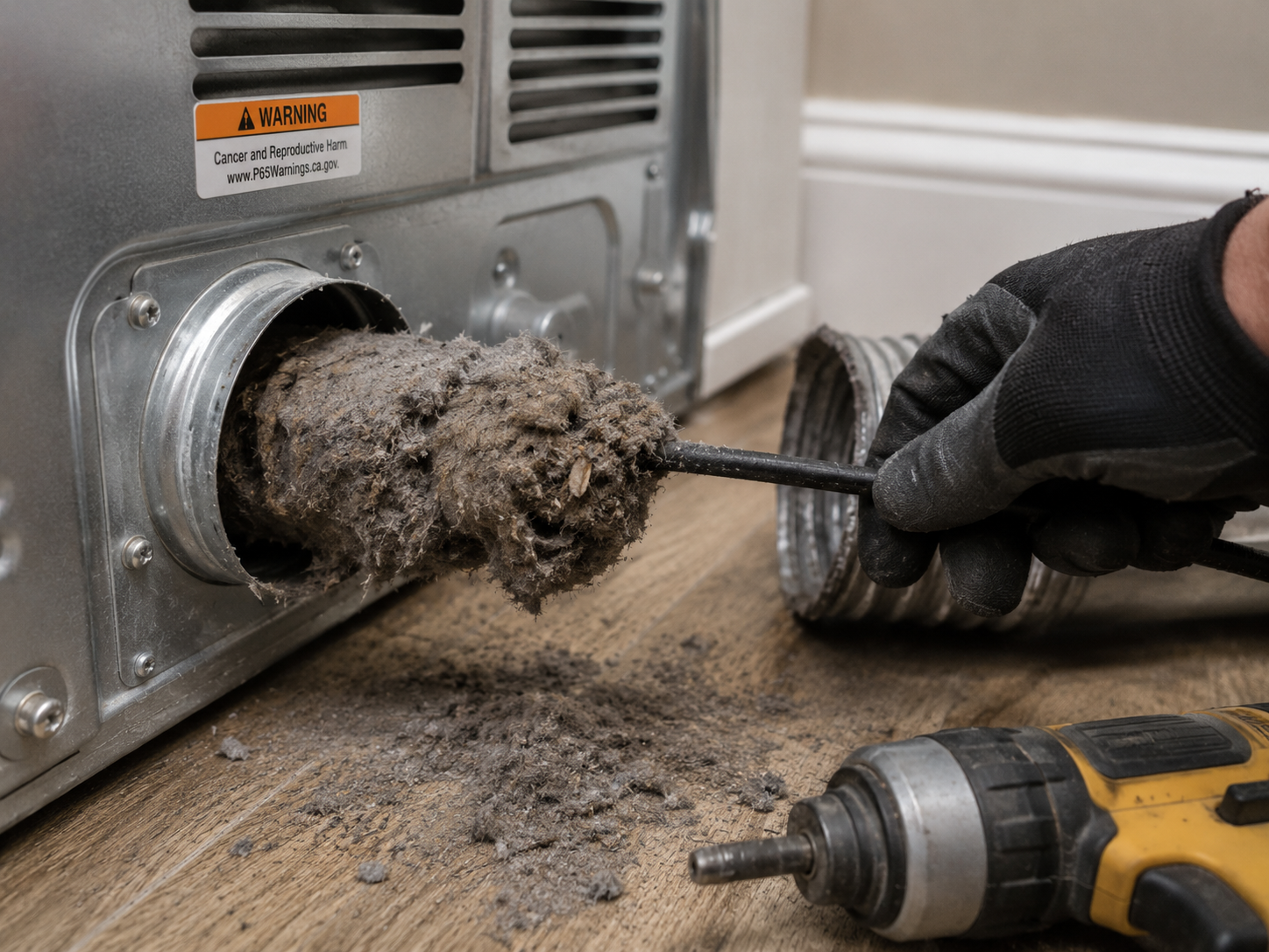 Gloved hand removing a clogged dryer vent full of lint with a drill near the appliance outlet