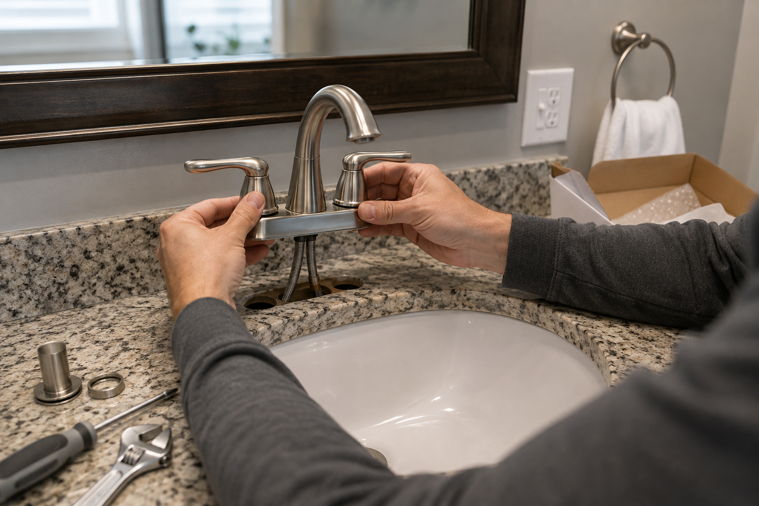 Hands installing a faucet in a bathroom sink counter