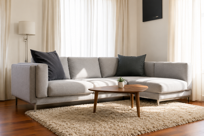 Bright living room with a gray sectional sofa, wooden coffee table, floor lamp, and beige rug by tall windows