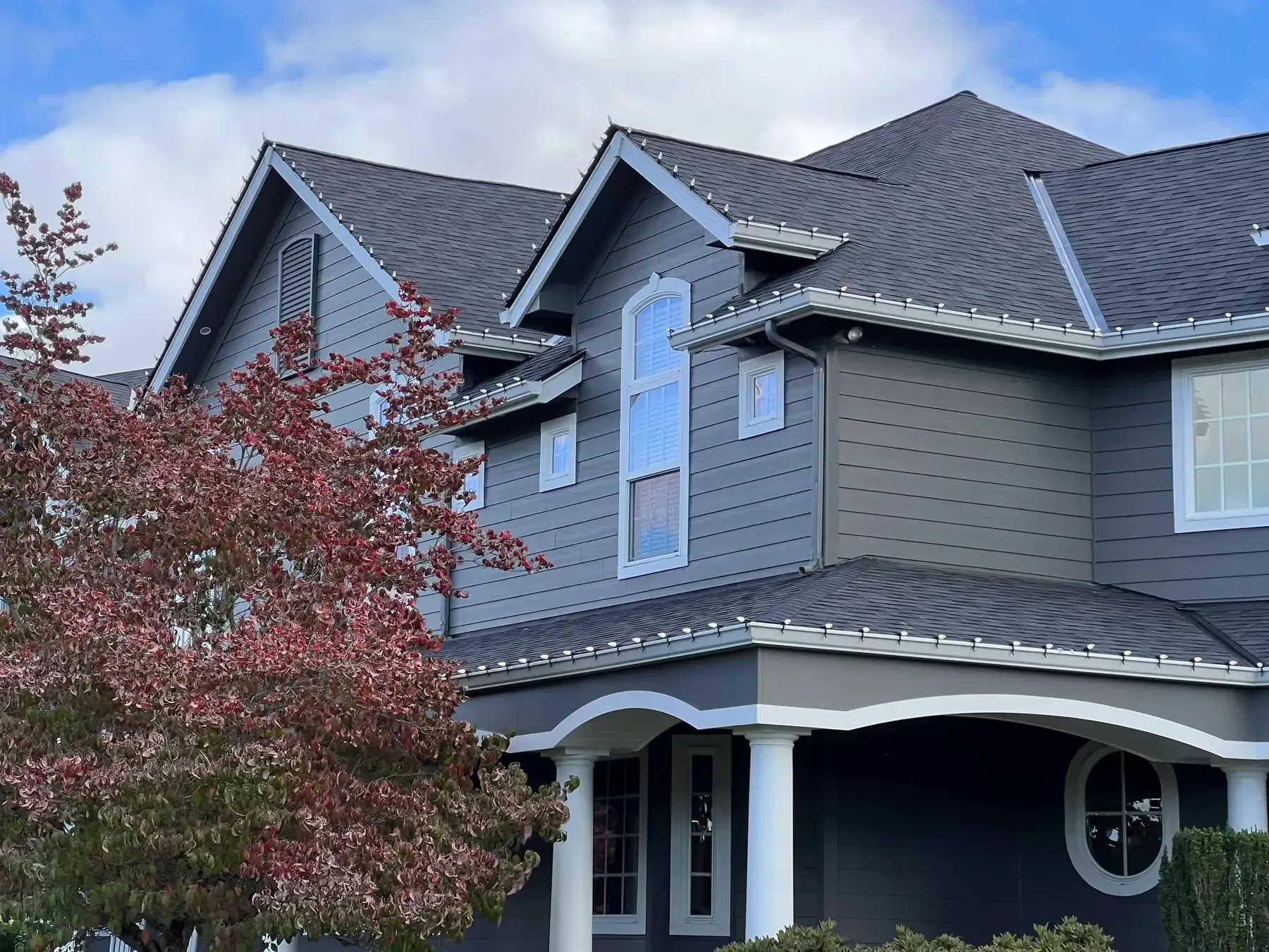 Suburban house with gray siding, dark roof, and a red-leafed tree in front