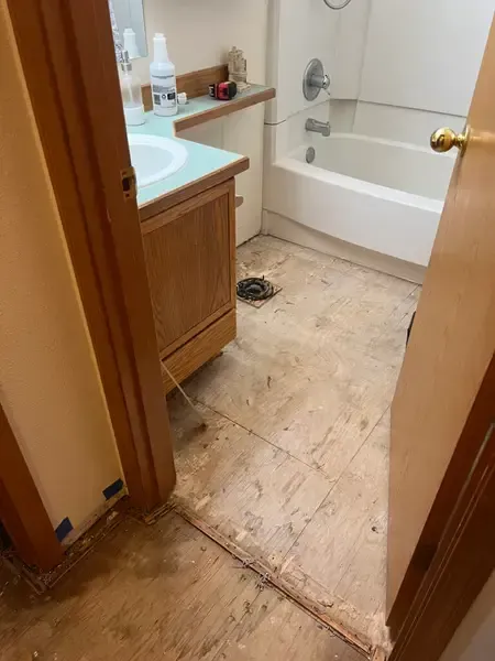 Narrow bathroom doorway with damaged floor, sink cabinet, toilet, and bathtub visible