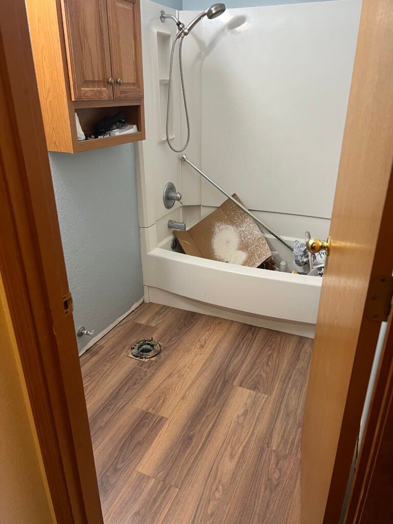 Small bathroom with a bathtub, wood-look floor, wall cabinet, and a dog in the tub.