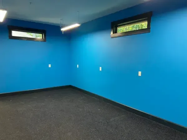 Empty room with bright blue walls, dark carpet, and two small horizontal windows.