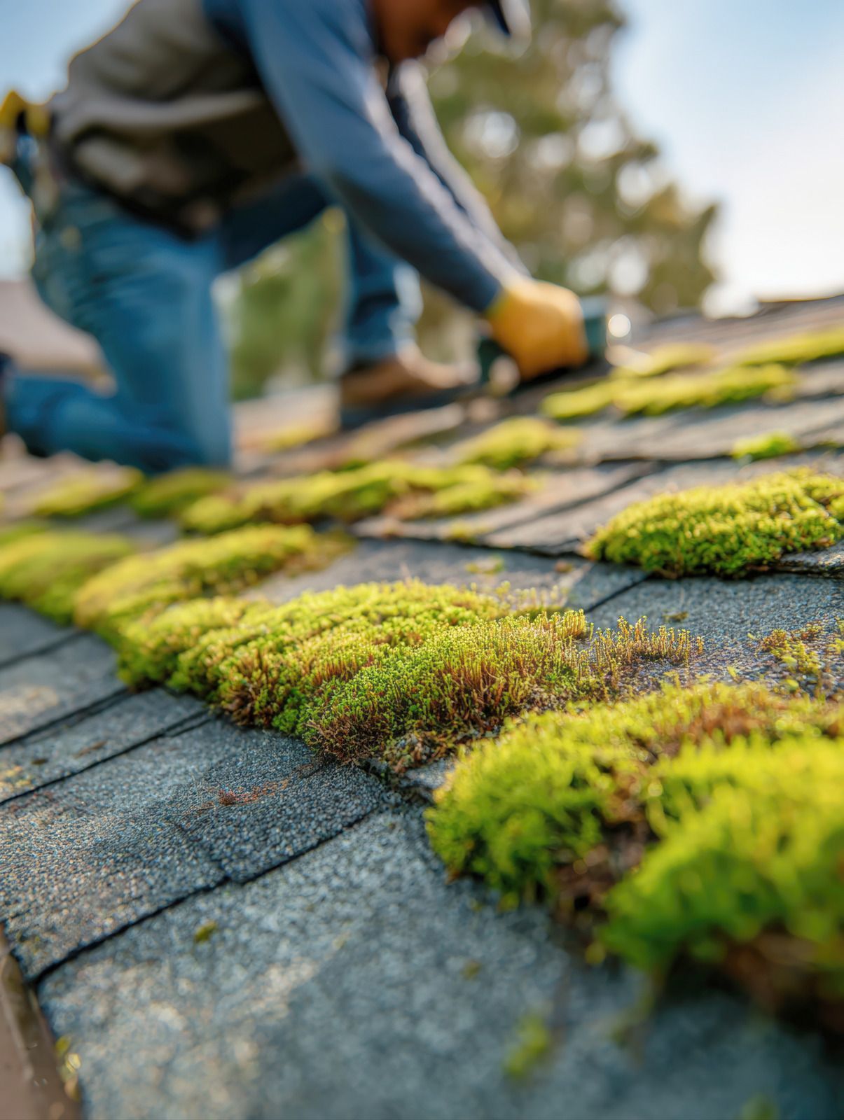 Worker installing green moss on a gray shingled roof