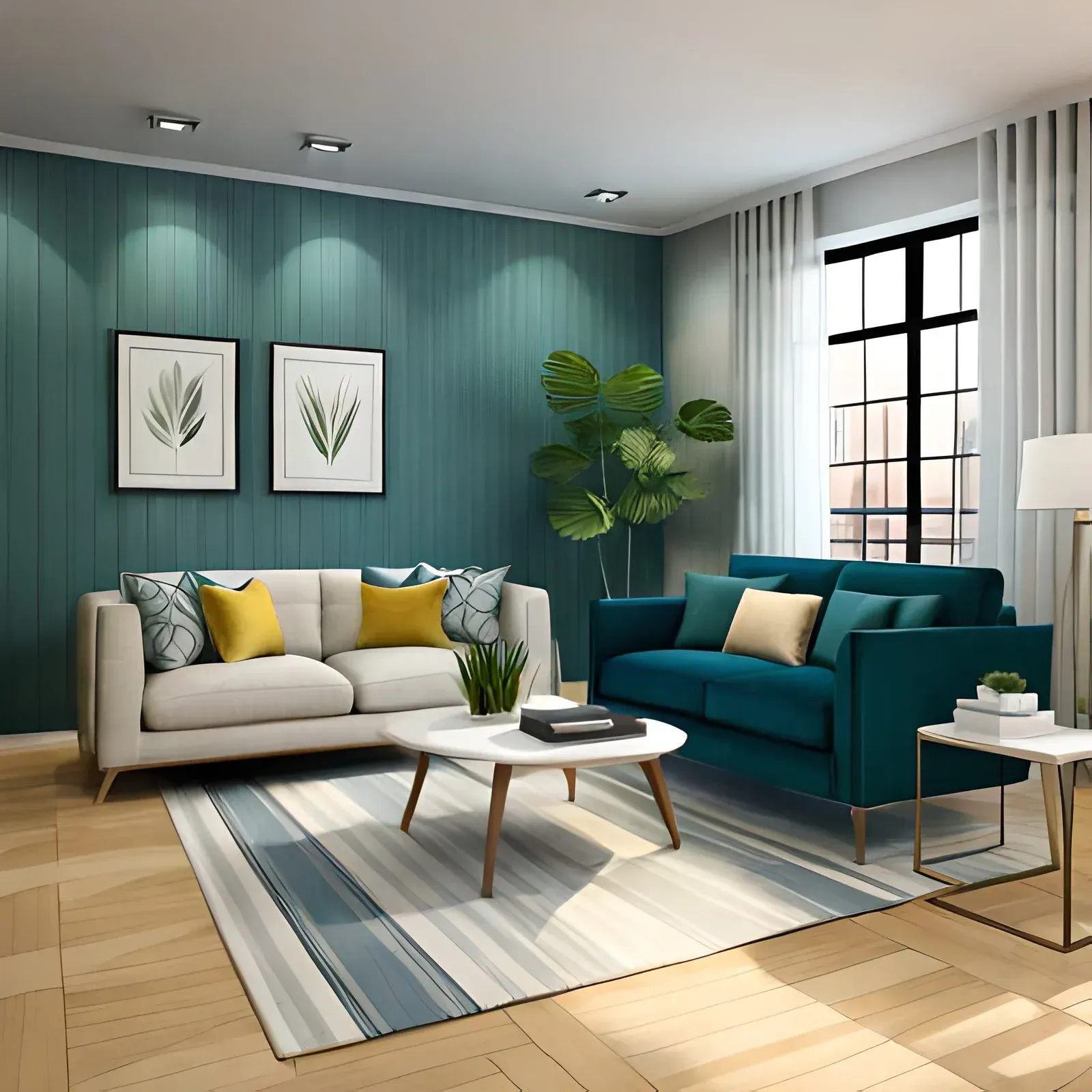 Bright modern living room with teal walls, beige and teal sofas, striped rug, coffee table, and large window