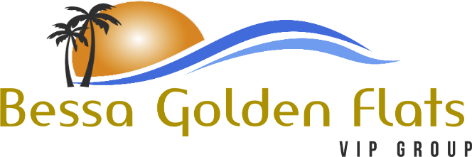 Logotipo da Bessa Golden Flots com palmeiras, sol laranja e linhas onduladas azuis sobre texto dourado.