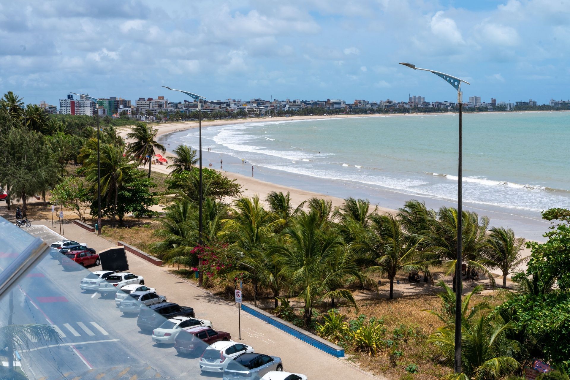 Praia ensolarada com palmeiras, carros estacionados e uma costa sinuosa sob um céu claro.
