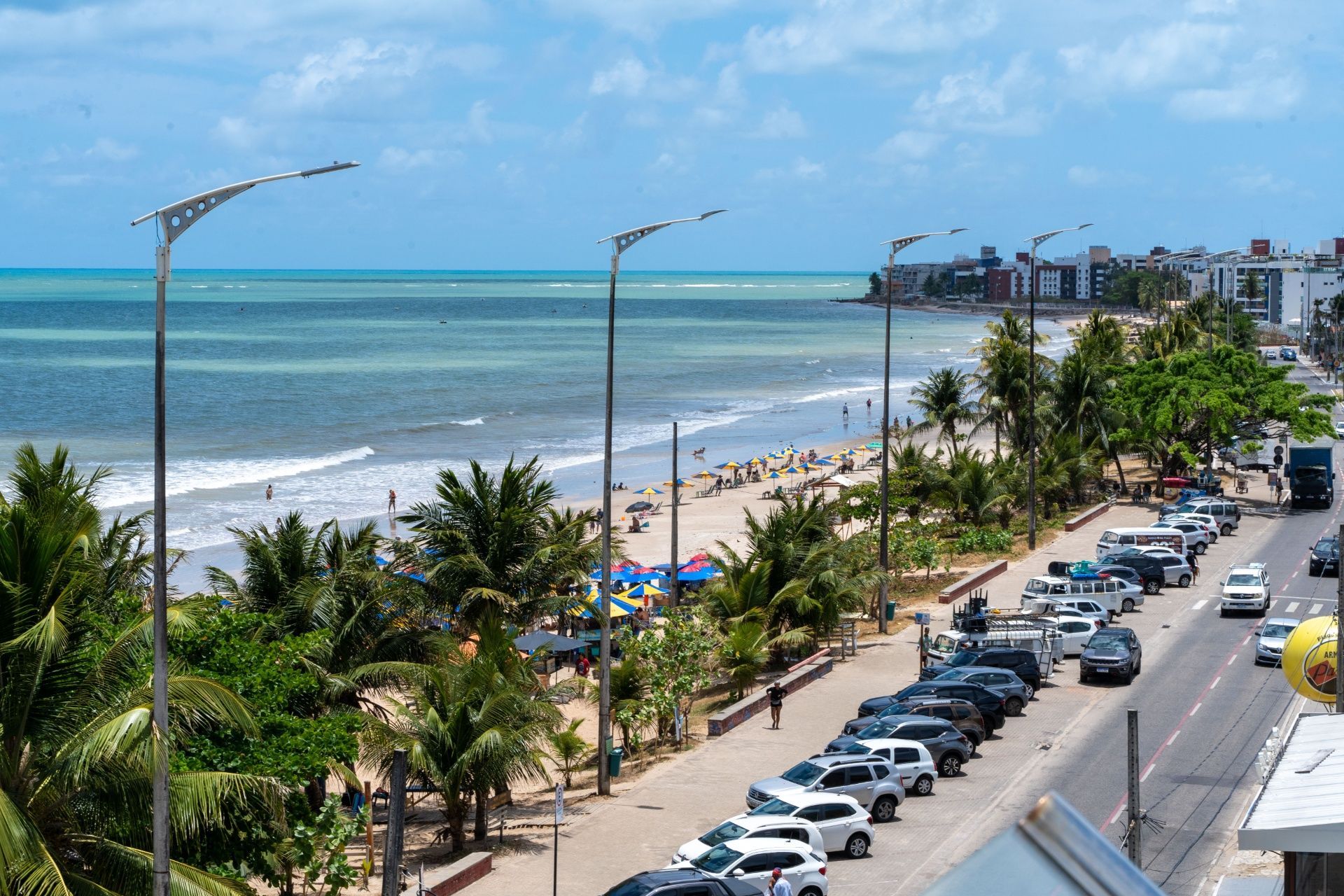 Estrada costeira ao lado de uma praia com palmeiras, carros estacionados e oceano azul sob um céu claro.