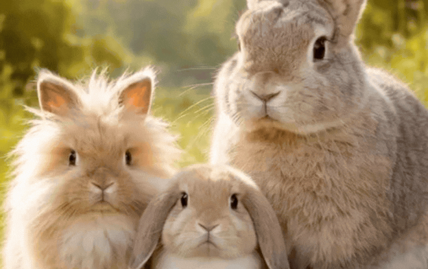 Three popular rabbit breeds side by side Lionhead, Mini Lop and Flemish Giant
