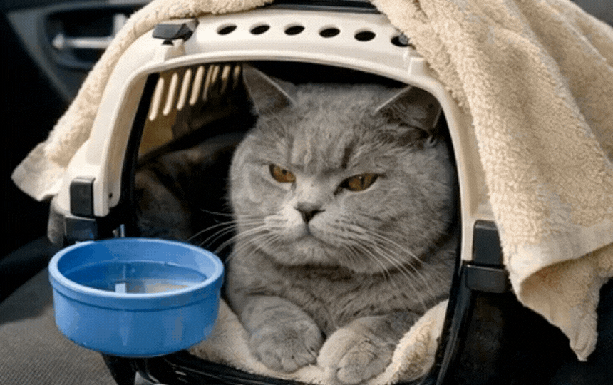 British Shorthair cat relaxing calmly in secure carrier on back car seat during safe UK road trip