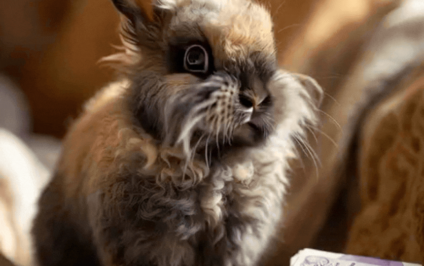 Fluffy grey rabbit sitting beside a small stack of British pound coins with a thoughtful expression 