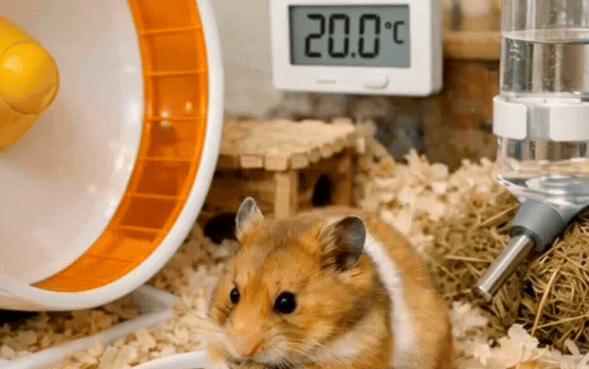 Hamster with wet tail symptoms showing loose droppings, matted fur on rear, hunched posture in clean