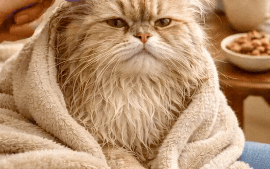 Calm British Shorthair cat in shallow sink bath with owner gently rinsing fur using jug, towels read