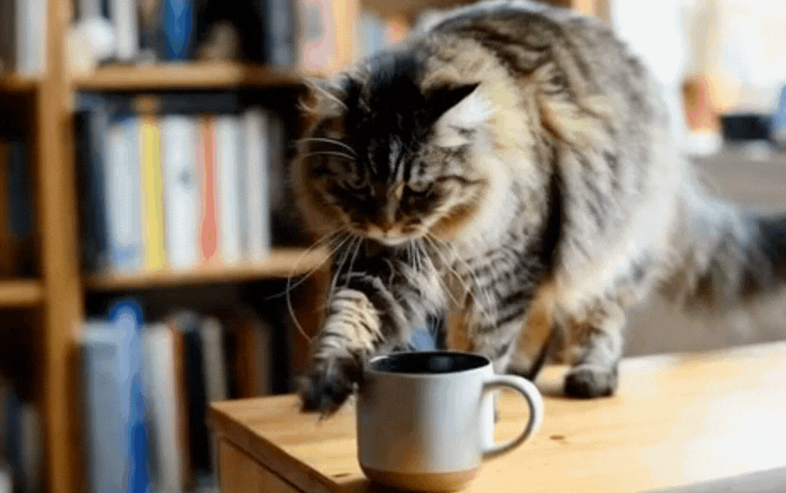 Cute tabby cat on a bookshelf in living room nudging a ceramic mug