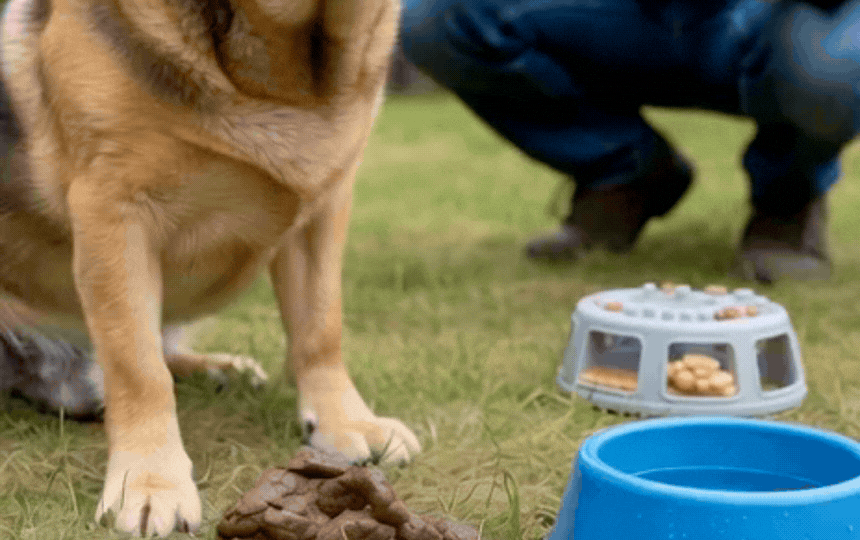 Concerned UK dog owner watches pet in garden, illustrating coprophagia causes like instinct, diet ga