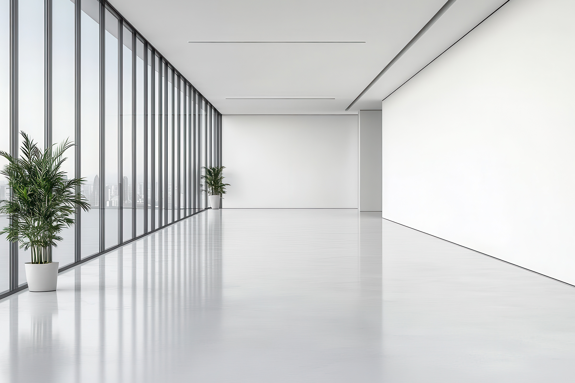 A bright, white, modern office hallway with large windows, potted plants, and a glossy floor.