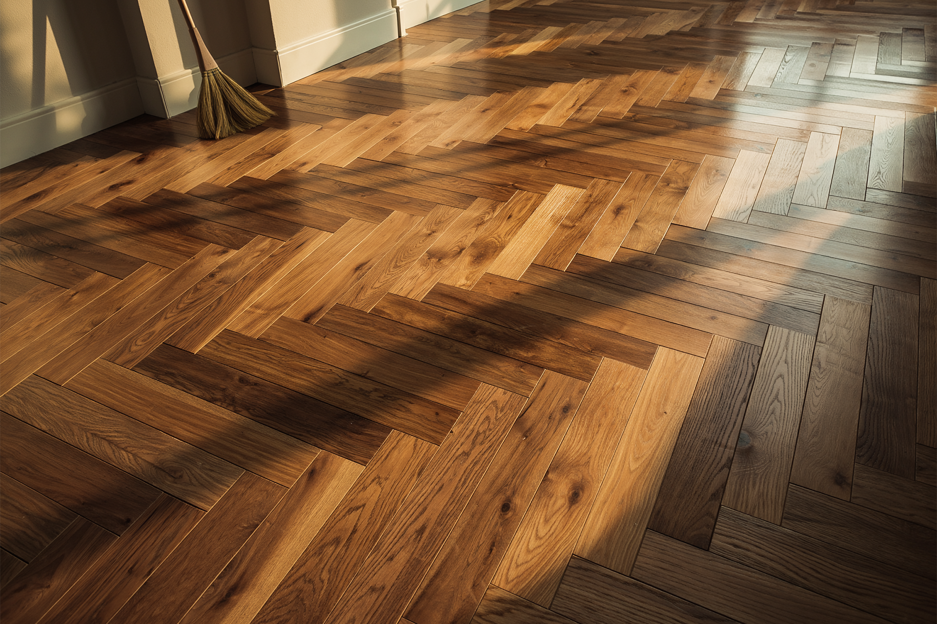 Herringbone pattern hardwood floor with sunlight creating shadows.