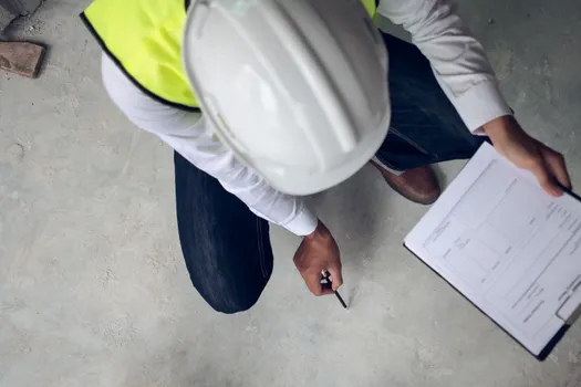Construction worker wearing a white hard hat and yellow vest examining a clipboard on a concrete floor.