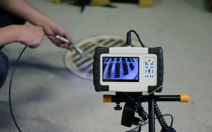 A man is using a camera to look at a manhole cover