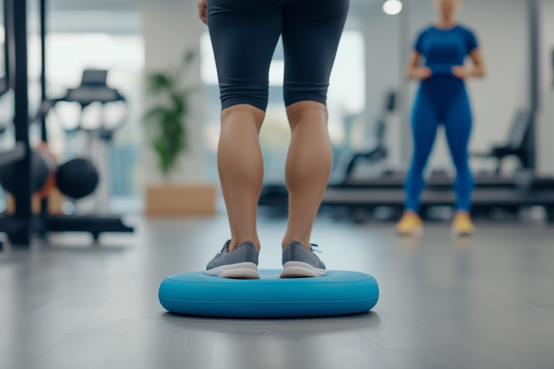 Person balancing on a blue exercise cushion in a gym, with another person blurred in the background
