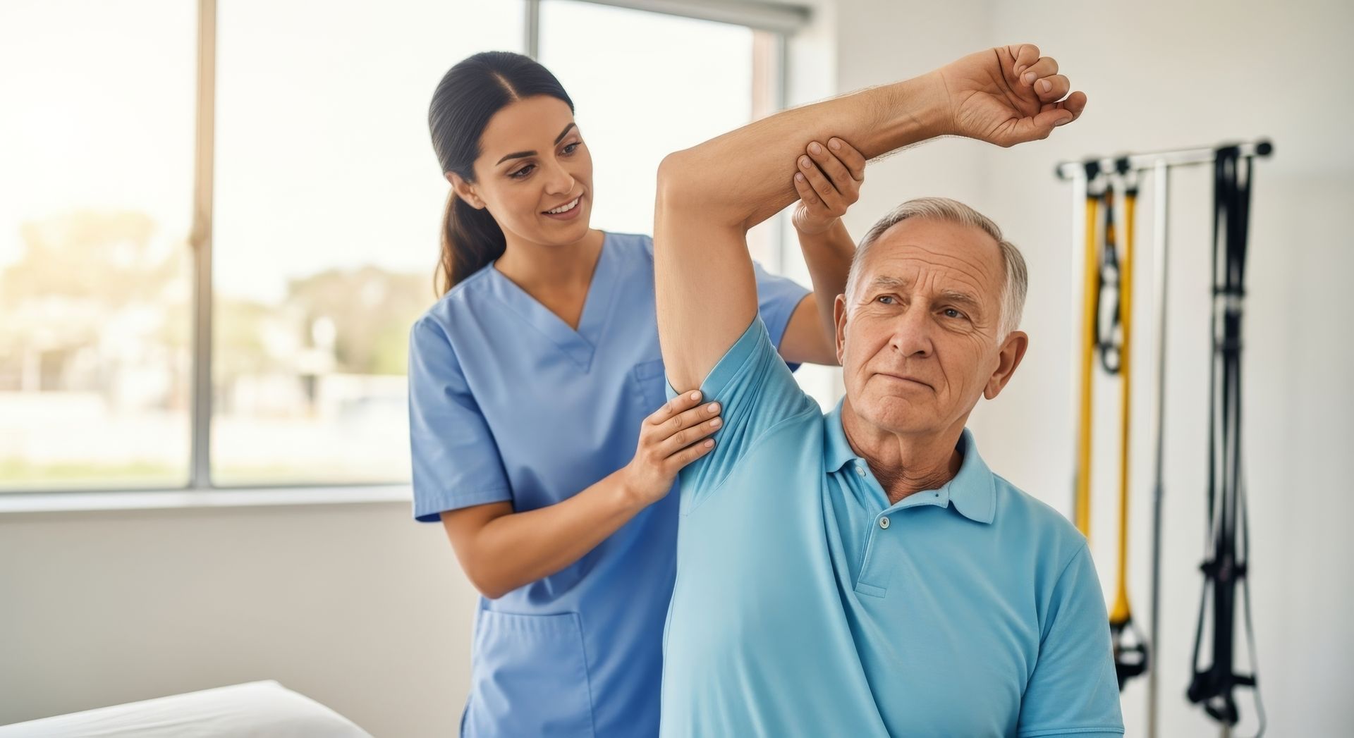 Physical therapist assisting a man stretching his arm in a bright rehab clinic