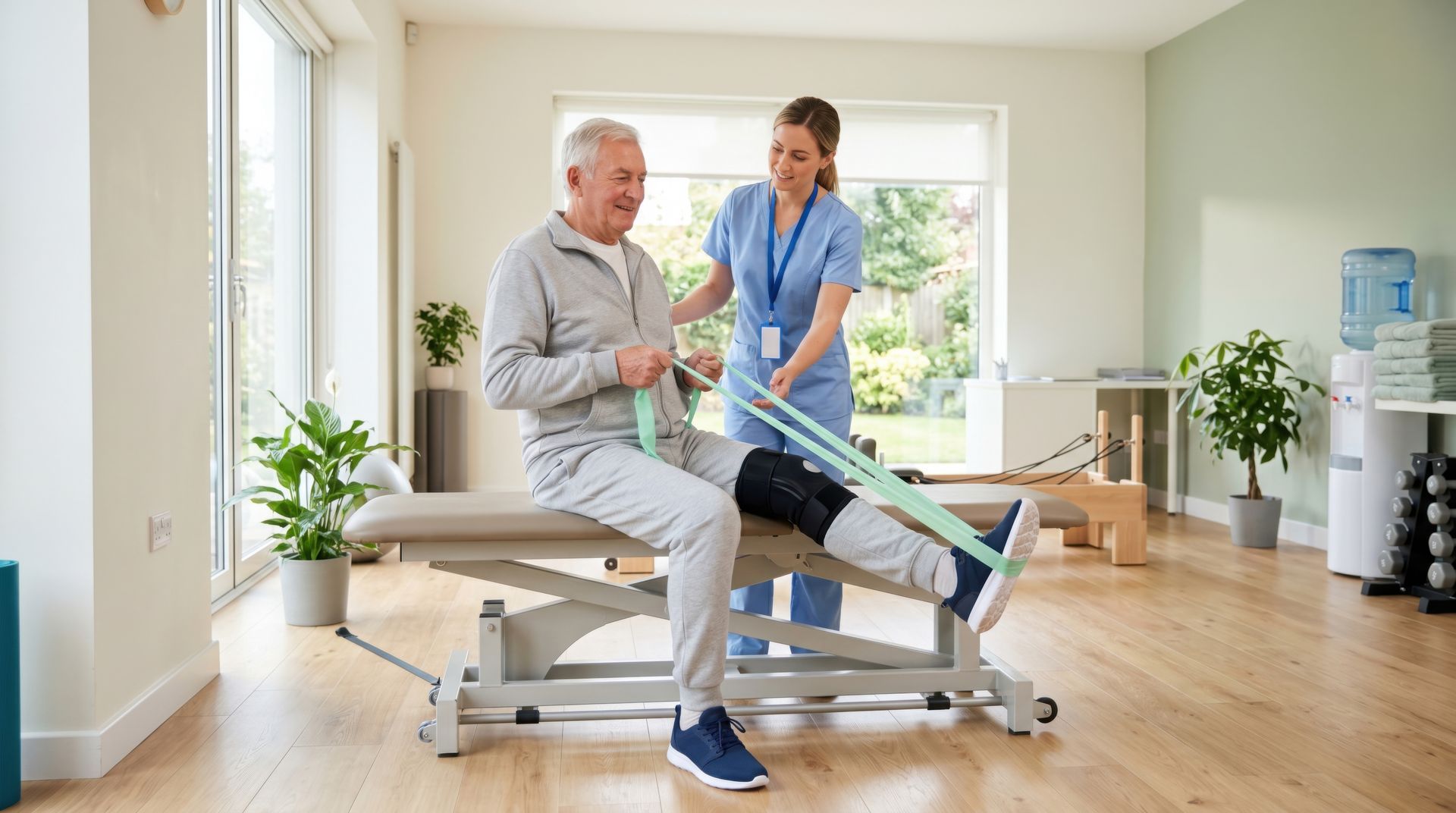 Physical therapist helping a patient stretch on a treatment table in a bright clinic room