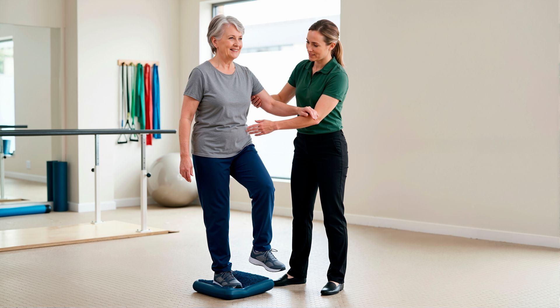 Physical therapist helping a patient balance on a wobble board in a bright studio