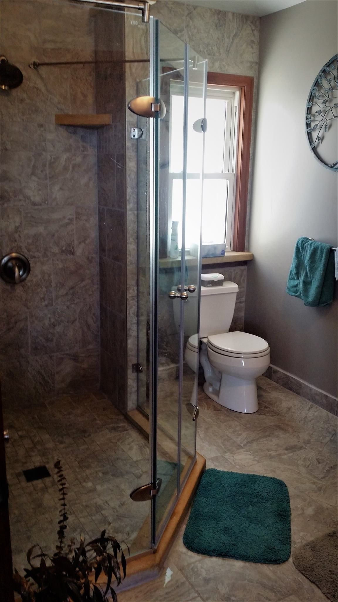 A bathroom with a toilet and a walk in shower