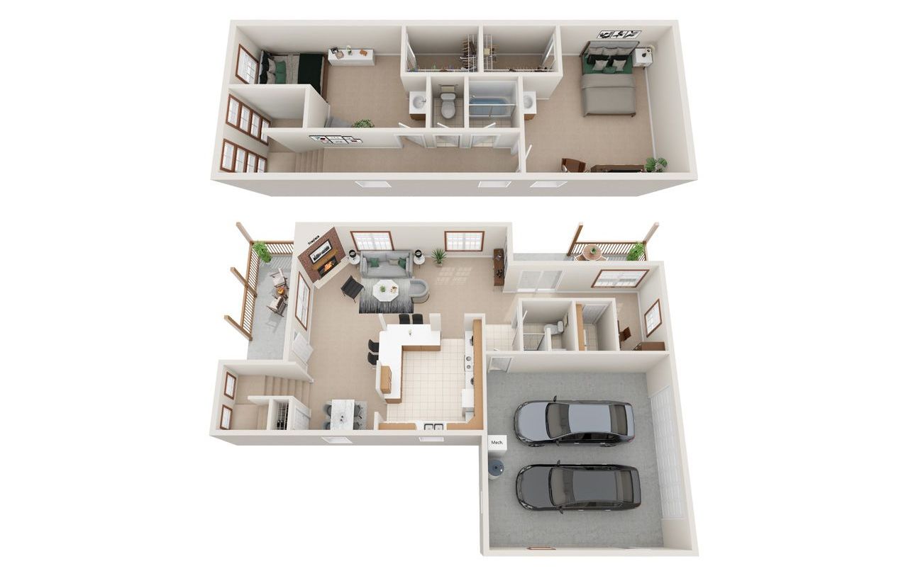 2 Bed 2 Bath Floor Plan with Carpet and Wood Flooring